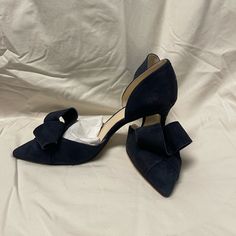 Excellent Condition Nine West Blue Velvet Feel Heels With Tie/Bow On Front, Never Worn Elegant Blue Heels For Work, Blue Closed Toe Office Heels, Blue Closed Toe Heels For Office, Blue Pointed Toe Heels For Work, Blue Summer Heels For Workwear, Blue Heels For Summer Workwear, Blue Summer Heels For Work, Blue Medium Width Heels For Office, Chic Blue Court Shoes For Work