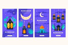 three banners for rama kareem with mosques and moon in the night sky