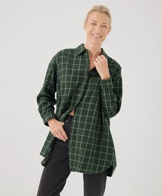 Women’s Fireside Flannel Oversized Shirt made with Organic Cotton | Pact Oversized Green Shirt For Fall, Relaxed Fit Shirt For Fall Loungewear, Relaxed Fit Shirt For Loungewear In Fall, Effortless Fall Daywear Shirt, Oversized Fall Shirt With Shirttail Hem, Oversized Shirttail Hem Shirt For Fall, Oversized Plaid Top For Daywear, Flannel Oversized, Crossover Dress