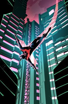 a man flying through the air in front of tall buildings