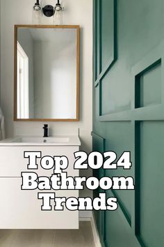 a bathroom with green doors and a white sink in the center is an open door that says top 20 bathroom trend