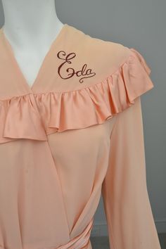 1930s Peach Crepe Satin Ruffle Glamorous Robe - Call me Eda | VintageVirtuosa Hollywood Glam, Rose Pink, Satin Ribbon, Night Gown, Call Me, Pink Roses, One Shoulder Blouse