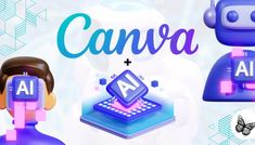 an animated character with the words canva next to it and various icons in front of them