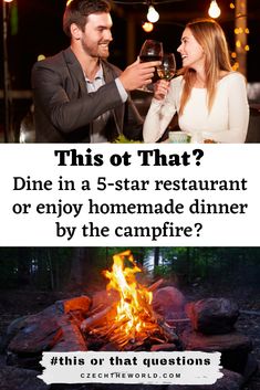 a man and woman toasting over a fire with the caption, this or that?