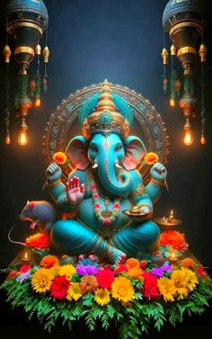 an elephant statue sitting on top of a flower covered platform with lights hanging from it's sides