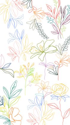 colorful flowers and leaves are drawn with colored pencils on a white background, as well as the colors of the rainbow