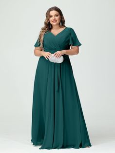 Lavetir sells a large selection of 2025 plus size bridesmaid dresses and wedding party dresses online. Our style creates a graceful and balanced silhouette that's perfect for plus sizes. Ideal for plus-size figures who want to accentuate their curves. Here is the dress detail: Fabric: Chiffon; Silhouette: A-Line/Princess; Neckline: V-Neck; Hemline/Train: Floor-Length; Embellishment: Ruched; Pockets; Split Side; Belt; Sleeve: Short Sleeves; Waist: Natural; Back Style: Zipper; Built-In Bra: Yes; S Long Bridesmaid Dresses With Sleeves, Empire Bridesmaid Dresses, Red Green Dress, Empire Waist Bridesmaid Dresses, Elegant Plus Size, Bridesmaid Dresses With Sleeves, Plus Size Bridesmaid, Fall Wedding Guest Dress, Chiffon Evening Dresses