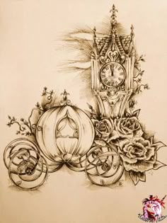 a drawing of a clock and some flowers