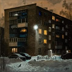 a painting of a snowy night in front of an apartment building with cars parked on the street