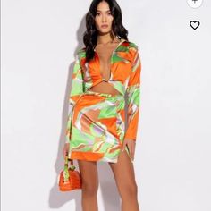 Brand New Orange Mini Dress For Vacation, Chic Orange Mini Dress For Cocktail, Orange Dress For Day Out In Fall, Orange V-neck Cocktail Dress, Orange Long Sleeve Dress For Brunch, Trendy Orange Dress For Day Out, Chic Orange Mini Dress For Brunch, Orange Long Sleeve Mini Dress For Spring, Orange Mini Dress For Spring