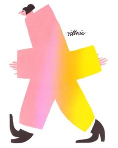 a drawing of a man walking across a white background with pink and yellow colors on it