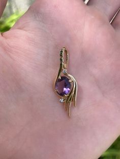 Total Weight: 2.8 grams Length: 32.9mm (including bail) Width: 11.4mm Amethyst: 8.7x7mm Diamonds: 1.4mm Condition: In great condition showing little wear with no damage. All gold has been thoroughly checked with an Olympus XRF spectrometer. Guaranteed 14k gold.  All our jewelry is properly washed and disinfected to ensure customers get clean items with every order.  Returns accepted but may be subjected to a restock fee.  Please message with any questions:) Pear-shaped Amethyst Jewelry In Yellow Gold, Heart-shaped Amethyst Yellow Gold Jewelry, Artisan Gold Amethyst Necklace, Vintage Amethyst Yellow Gold Necklace, Gold Amethyst Crystal Necklace, Faceted, Jewelry Real, Diamond Charm, Estate Jewelry, Jewelry Necklace Pendant