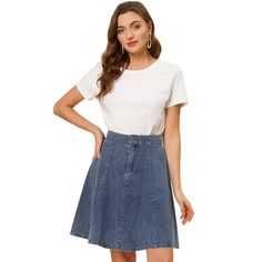 High waist and flared design add ebullient charm to this casual denim midi skirt. The washed denim fabric and a flared pleated design are a great highlight, full of a sense of detail and design. Suitable for casual, work, holiday, weekend gathering, school and daily wear. Midi length design brings vintage feeling to a denim skirt. This casual skirt, designed with high waist and single breasted, adds a touch of fashion to your wardrobe. This skirt is easily paired with any leisure tops for a casu Casual Flared Dark Wash Denim Skirt, Casual Dark Wash Flared Denim Skirt, Casual A-line Denim Skirt, Casual A-line Denim Skirt For Spring, Casual A-line Mini Skirt, Spring A-line Denim Skirt, Trendy Cotton Flared Denim Skirt, Casual Flare Skirt In Cotton, Casual Cotton Flared Denim Skirt