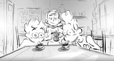 three cartoon pigs sitting at a table with a coffee cup in front of them,