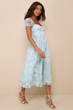 No matter the occasion, everyone will be curious about the identity of the beauty in the Lulus Notable Elegance Mint Mesh Floral Applique Bustier Midi Dress! Lightweight mesh features a stunning pattern of 3D floral appliques as it shapes sheer puff sleeves (with elastic at the cuffs and shoulders). Bodice has a sweetheart neckline with seamed cups and a high, fitted waist. A-line skirt falls to a tiered midi hem to complete the look. Hidden zipper/clasp at back. Fit: This garment fits true to s Feminine Lace Dress With Square Neck For Party, Feminine Square Neck Lace Dress For Party, Summer Sheer Mesh Dress With Fitted Bodice, Elegant Blue Mesh Dress For Summer, Elegant Blue Mesh Summer Dress, Sheer Feminine Dress With Sweetheart Neckline, Feminine Sheer Dress With Sweetheart Neckline, Summer Party Lace Dress With Fitted Bodice, Summer Tulle Dress With Square Neck