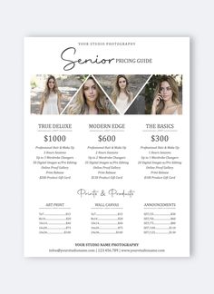 the senior photography pricing sheet is shown