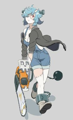 an anime character holding a chainsaw with blue hair and glasses on her head,