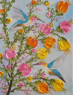 a painting of flowers and birds on a blue background