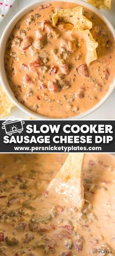 slow cooker salsa with tortilla chips in it and the title text below reads slow cooker salsa with tortilla chips in it