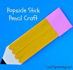 popsicle stick pencil craft for kids on a blue background with the words popsicle stick pencil craft