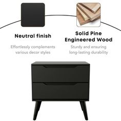 a black cabinet with three different types of wood on it and the words neutral finish, solid