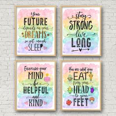 four watercolor prints with the words stay strong, love and eat sleep