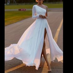 Split Thigh Solid Dress, Elegant Contrast Mesh Long Sleeve Maxi Wedding Or Any Party Dress. Elegant Fitted Chiffon Wedding Dress, Chiffon Wedding Dress For Evening, White Chiffon Evening Dress, One-shoulder Chiffon Evening Dress For Wedding, White Evening Dress For Banquet, One-shoulder Evening Maxi Dress For Wedding, Jeweled Wedding Dress, High Waist Maxi Dress, Dresses Occasion