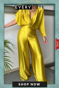 Yellow Casual Solid Patchwork Asymmetrical V Neck Regular Jumpsuits Yellow Jumper, Bat Sleeves, Formal Jumpsuit, Jumpsuit For Women, Wrap Jumpsuit, Yellow Satin, Jumpsuit Online, Summer Fashion Trends, Jumpsuit With Sleeves