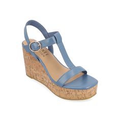 Journee Collection-Matildaa Platform Wedge Sandal Refresh your closet with the Journee Collection Matildaa platform wedge sandal. Made of synthetic for a rich look, this square open toe sandal is designed with T-strap for a sporty touch, faux cork wedge heel to offer a blend of old-world charm and comfort, and 4 mm Tru Comfort Foam footbed for soft comfort. Blue Wedge Sandals, Sandals Wedge, Cork Wedges Sandals, Buckle Shoes, Arte Popular, Platform Wedge Sandals, Blue Sandals, Platform Wedge, Open Toe Sandals