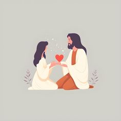 jesus and mary sitting on the ground with a heart shaped object in their hands, giving it to each other