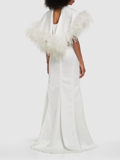 Concealed back zip closure. Cutout details. Side slit at hem. Feathered trim. Model is wearing a size40 Cape Gown, The Attico, Satin Evening Dresses, White Feather, Maxi Shirt Dress, Feather Dress, Satin Gown, Indian Dress, Fashion Elegant