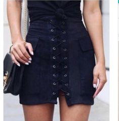 Lace up mini skirt #skirt #fashion #streetwear #outfits #skirts #fashiontrends #blue #feminine #clothing #women #bottoms Plus Size Looks, Faux Suede Skirt, Daily Fashion Inspiration, Suede Mini Skirt, Suede Skirt, Inspiration Mode, Black Skirt, Vintage Skirt, Skirt Outfits