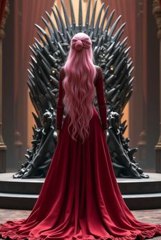 a woman with long pink hair standing in front of a iron throne and wearing a red dress