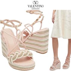 Valentino Garavani Rockstud Multicolored Rope Wedge Espadrilles Sandals Color: Rose Quartz Multi Size Eu 40 Msrp: $1,050.00 Rope And Leather Upper With Rubber Sole And Silver-Tone Hardware. Made In Italy Studded Ankle Strap With Buckle Closure Braided Vamp Strap Leather Lining Rounded Square Toe Multi-Colored Rope Wedge Approx 108mm/ 4.25 Inch Wedge Approx 20mm/ 0.8 Inch Platform Brand New Without Box Buy More Save More !!!! Please Check Out My Closet And Follow Me :-) Designer Summer Espadrilles With Wedge Heel, Luxury White Wedge Sandals For Summer, Designer Summer Wedge Heel Espadrilles, Designer Wedge Sandals For Summer Beach, White Luxury Wedge Sandals For Spring, Luxury White Wedge Sandals For Spring, Designer Wedge Sandals For Vacation, Designer Platform Wedge Sandals For Spring, Designer Wedge Sandals For Spring