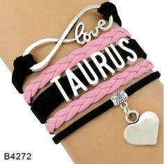 two bracelets with the word love and taurus written on them, one has a charm