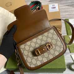 Size: Standard Size It comes with Dust box, Care manual, Tag, and Paper bag. Gucci Mini Bag, Genetic Code, Gucci Mini, Gucci Horsebit, Beige Bag, Brown Trim, Luxury Products, Delicate Chain, Double Ring