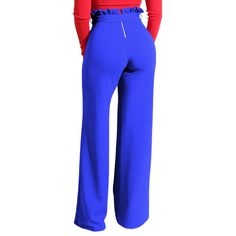 Royal Blue Ruffle Hem Straight Leg Casual Pants Chic Wide Leg Pants With Ruffles, Chic Blue Wide Leg Pants For Party, Blue Ruffled Bottoms For Party, Elegant Ruffled Blue Bottoms, Elegant Blue Ruffled Bottoms, Chic Ruffled Pants For Workwear, Casual Blue Wide Leg Pants For Party, Blue Wide Leg Pants For Party, Chic Wide Leg Ruffled Pants