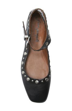 Mixed studs trim the topline of a striking mary jane flat fashioned with a modern square toe and adjustable buckle closure at the ankle. Leather upper and lining/rubber sole Imported Leather Studded Closed Toe Flats, Studded Flats, Mary Jane Flats, Modern Square, Flats Shoes, Doll Shoes, List Style, Fashion Flats, Strap Sandals