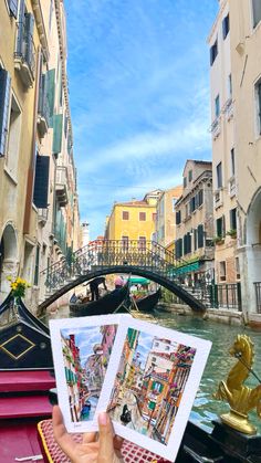 a person holding up two pictures in front of a gondola on a canal