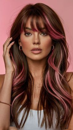 Brown Hair With Pink Extensions, Brunette Pop Of Color, Good Hair Colors For Brunettes, Hair Colors For Pink Undertones Skin, Brown And Light Pink Hair, Pink Strand In Brown Hair, Pink And Brunette Hair, Rich Brunette Hair Color With Highlights