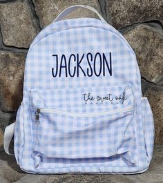 This listing is for a personalized gingham backpack with an embroidered name or monogram. These bags measure APPROXIMATELY 16"x13"x3.5". Due to current stock issues, the size may vary slightly, depending on the vendor used, but we do our best to use the same vendor and be as consistent as possible. Please enter the following in the personalization box below: thread color and name or monogram to add to bag.  All sales are final, so please be sure to double check all spelling. If you have any ques Casual Gingham Bags For School, White Preppy Backpack, Personalized Preppy Bags For Everyday Use, Preppy Personalized Bags For Everyday Use, Gingham Standard Backpack For School, School Backpack In Gingham Pattern, School Backpack In Gingham, Gingham Backpack For Everyday Use And Back To School, Preppy Gingham School Bag