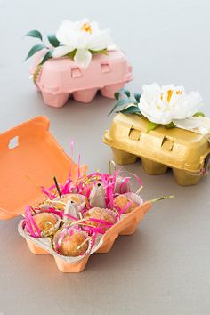 an egg carton filled with eggs next to two other containers full of small flowers