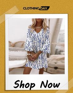 Elegant Women's Casual Floral Print V-neck Mini Dress Printed V-neck Dress For Day Out, Spring Vacation V-neck Shift Dress, Casual Printed V-neck Mini Dress, Spring Flowy V-neck Mini Dress, White Mini Dress With Notched Neckline For Summer, White Split Neck Dress For Spring, White Dress With Notched Neckline For Spring, Casual Mini Dress With Split Neck For Brunch, White Casual V-neck Dress With Split Neck