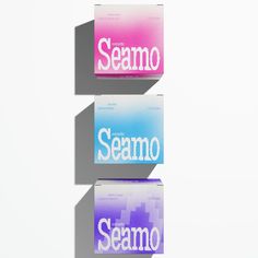 three boxes with the word seamo on them are shown in different colors and shapes