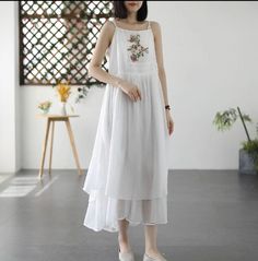 Details: Item Type: Dress Main Material: Dress Season: Cotton Style: Leisure, Daily Pattern Type: Embroidery Waist Type: Loose Fit Type: Loose fit/ Pullover Size: One Size Length: 124.00 cm/ 48.82 " Bust: 98.00 cm/ 38.58 " Spring White Sleeveless Dress With Floral Embroidery, Embroidered Sleeveless Sundress For Beach, Sleeveless Cotton Embroidered Dress, White Sleeveless Dress With Floral Embroidery For Summer, Embroidered Sleeveless Dress For Summer, Summer Sleeveless Dress With Floral Embroidery For Beach, Casual Sleeveless Dress With Floral Embroidery, Spring Cotton Sleeveless Dress With Embroidery, Sleeveless Cotton Embroidered Dress For Beach