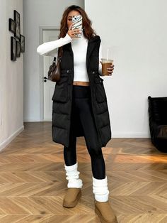 Outfits For Snowy Weather, Sweater Over Shoulders Outfit, Winter Outfits Night Out, Black Puffer Vest Outfit, Puffer Vest Outfit, Skirts Ideas, Outerwear Women Winter, Winter Blouses, Snowy Weather