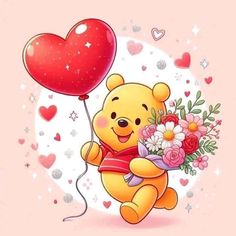 winnie the pooh holding a heart shaped balloon with flowers and hearts around it on a pink background