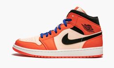 Orange Air Jordan 1 Mid SE team orange from jordan featuring a contrasting blue front lace-up fastening, perforations at the toes, a contrast black Swoosh applique to the side walls and a black Air Jordan motif to the side of the heel. Orange High-top Sneakers With Contrast Sole For Streetwear, Orange Jordan Shoes For Streetwear, Orange High-top Sneakers With Contrast Sole For Sports, Orange Lace-up High-top Sneakers For Sports, Orange Basketball Shoes With Contrast Sole For Streetwear, Orange Leather Basketball Shoes With Laces, Casual Orange Low-top Jordan Shoes, Orange Lace-up Sporty Basketball Shoes, Sporty Orange High-top Jordan Shoes