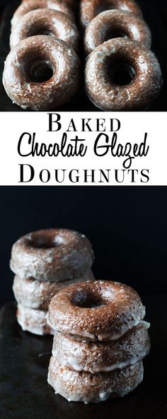 baked chocolate glazed doughnuts stacked on top of each other in front of a black background