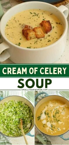 Ever wondered how to make Cream of Celery Soup? It's an easy dinner idea! Topped with homemade croutons, this creamy soup recipe is pure comfort food in a bowl. So good! Homemade Cream Of Celery Soup, Celery Recipes, Small Town Woman, Cream Of Celery, Cream Of Celery Soup, Celery Soup, Easy Soup, Creamy Soup, Easy Soups